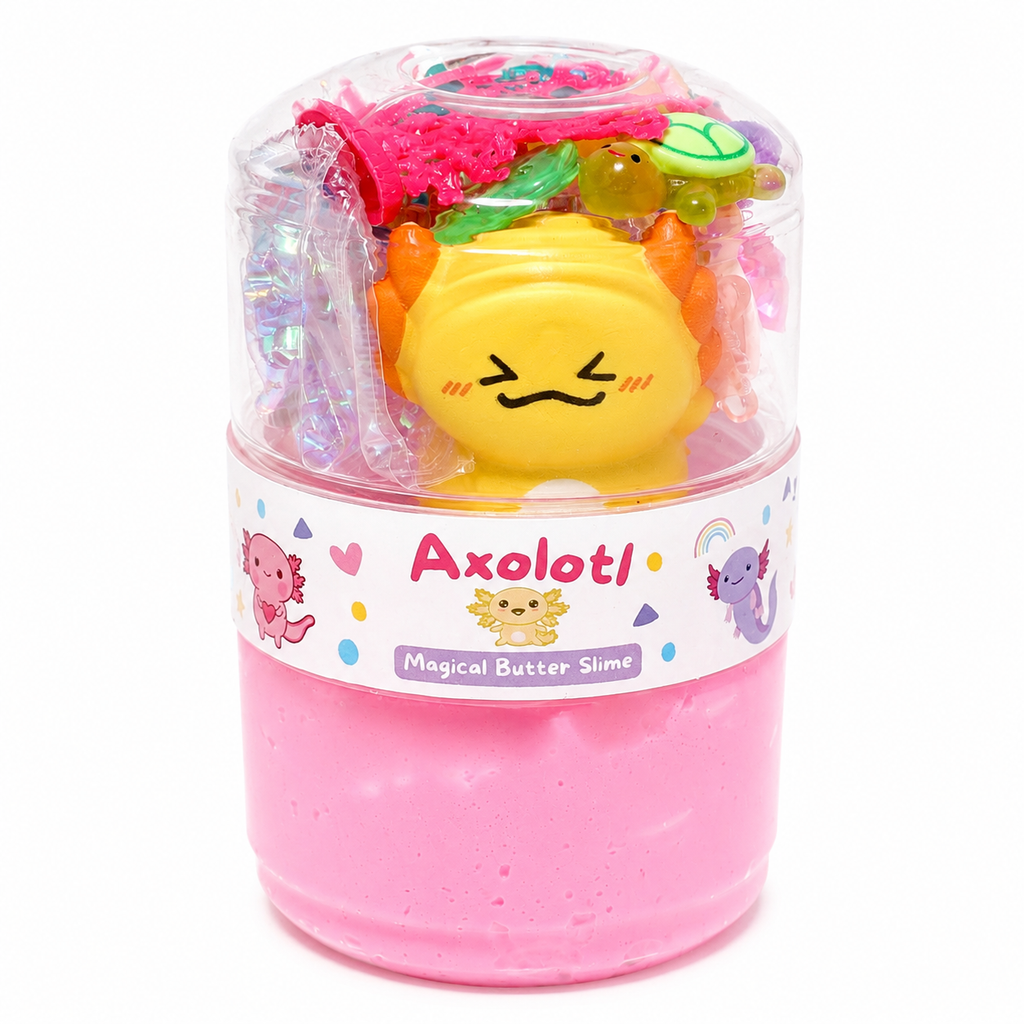 Axolotl butter slime with adorable amphibian-themed charms in a portable double-sided jar