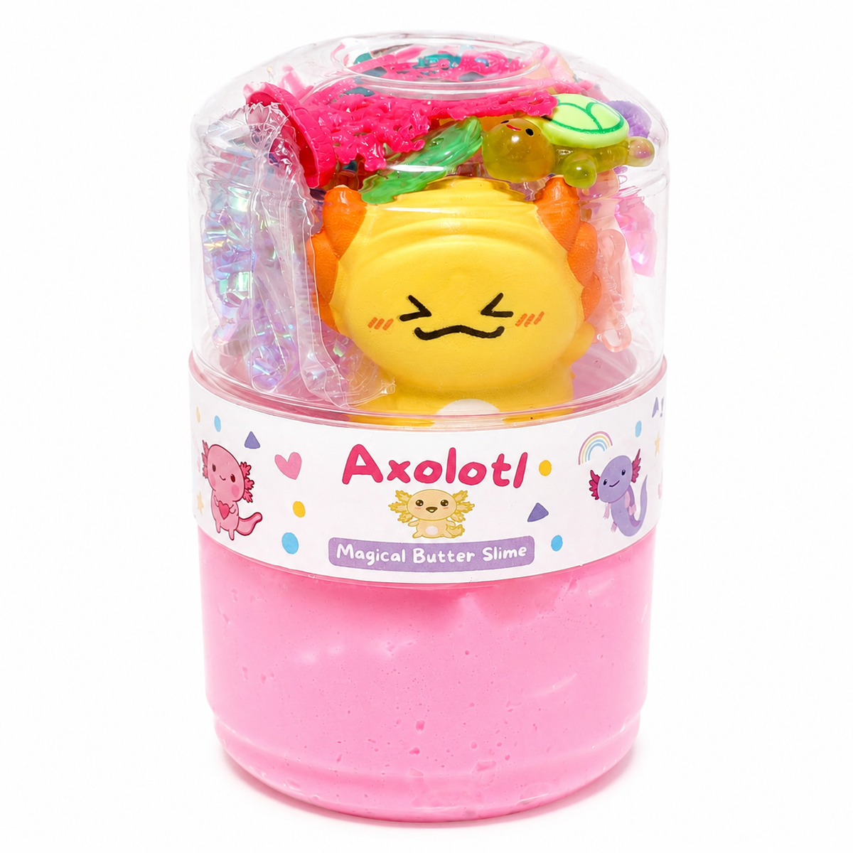 Axolotl butter slime with adorable amphibian-themed charms in a portable double-sided jar