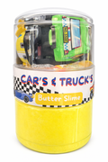 Cars and trucks butter slime with vehicle-themed charms in a portable double-sided jar