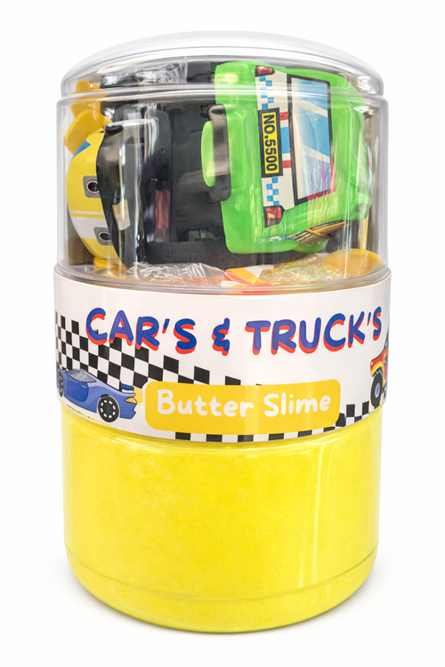 Cars and trucks butter slime with vehicle-themed charms in a portable double-sided jar