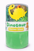 Dinosaur butter slime with dino-themed charms in a portable double-sided jar