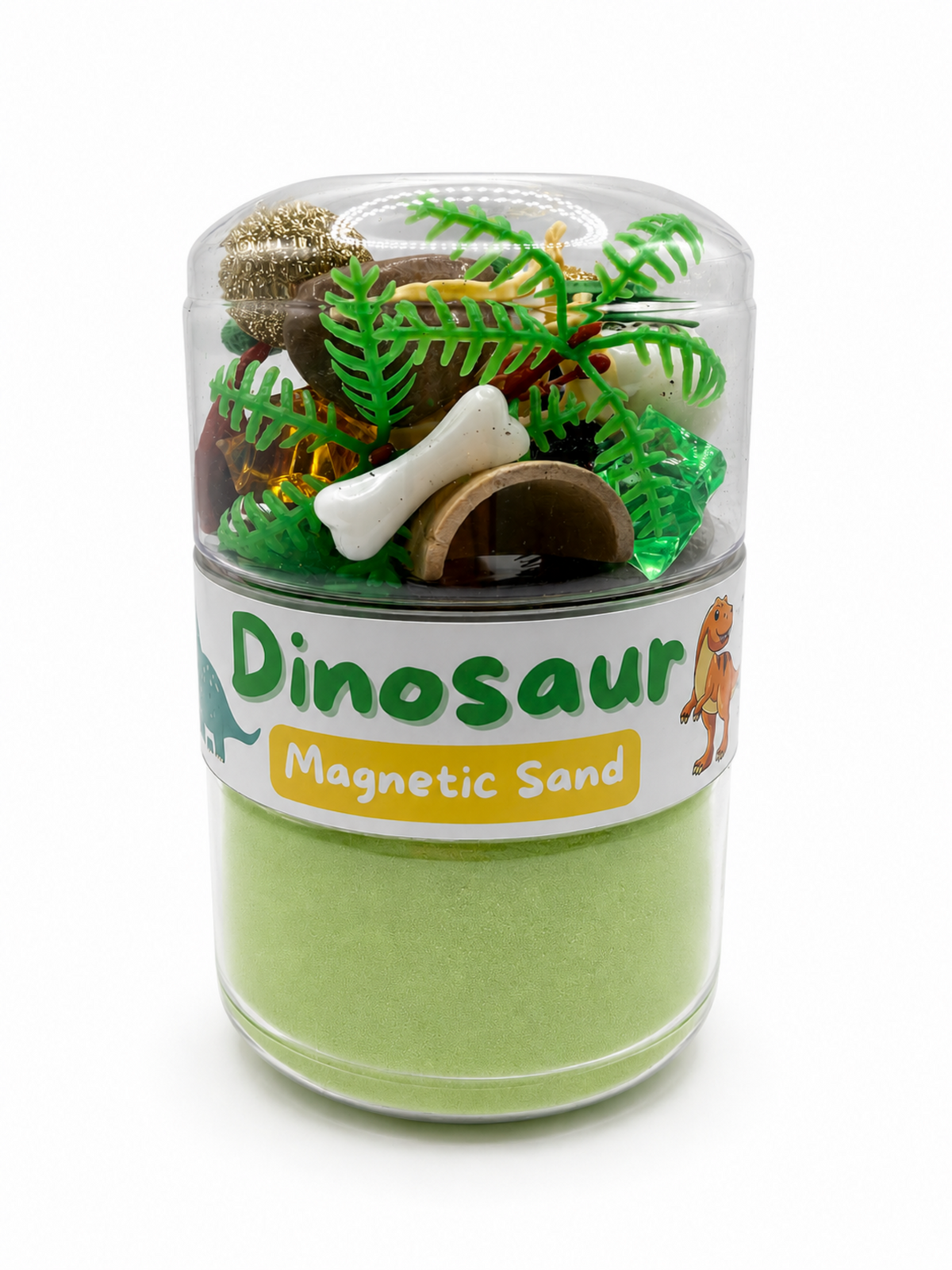 Dinosaur fun sand jar with mini dinosaurs and prehistoric accessories for imaginative sensory play