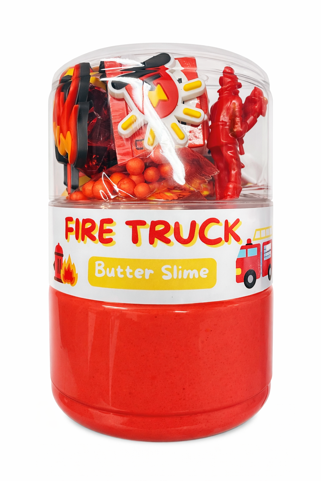 Handmade fire truck butter slime with soft texture and rescue-themed sensory mix-ins