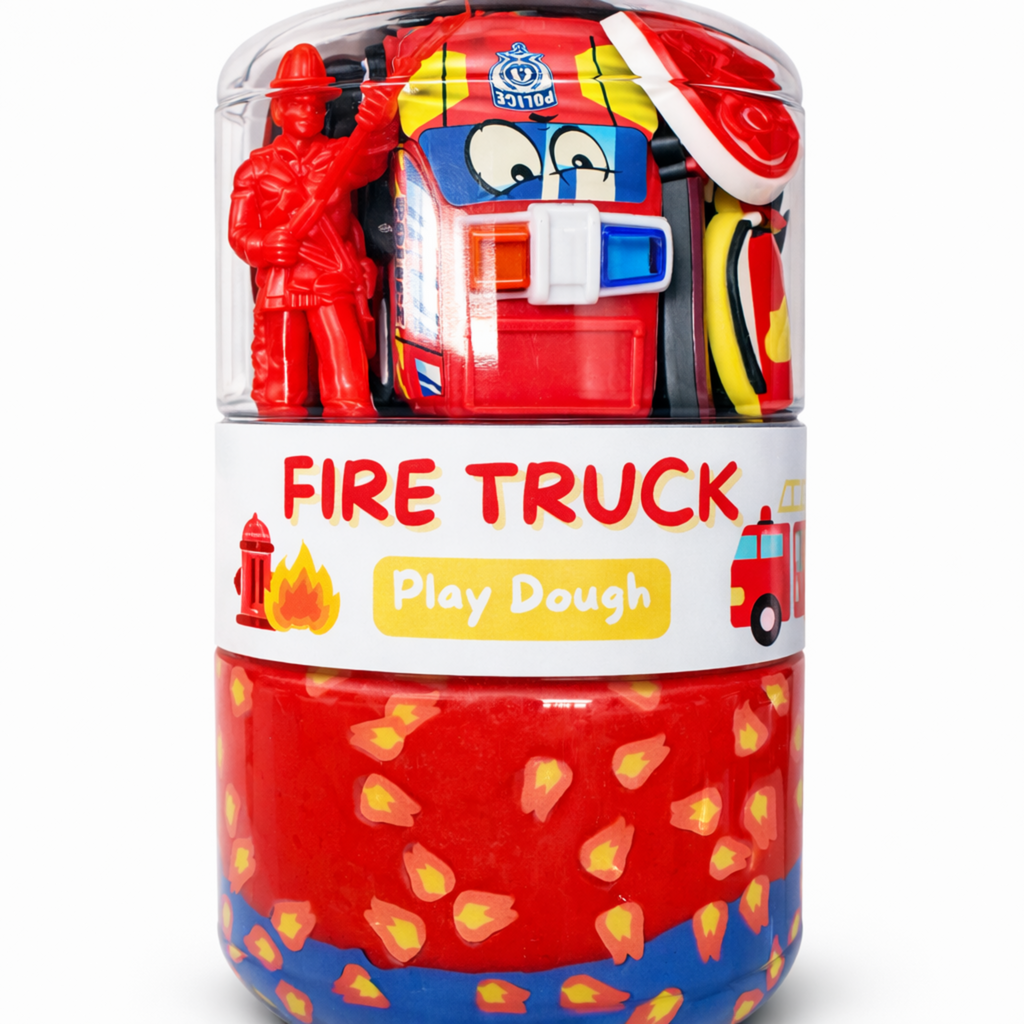 Fire truck play dough jar with handmade sensory dough and fun fire rescue-themed accessories for creative kids play