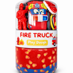 Fire truck play dough jar with handmade sensory dough and fun fire rescue-themed accessories for creative kids play