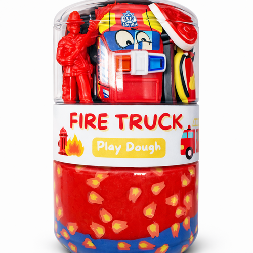 Fire truck play dough jar with handmade sensory dough and fun fire rescue-themed accessories for creative kids play