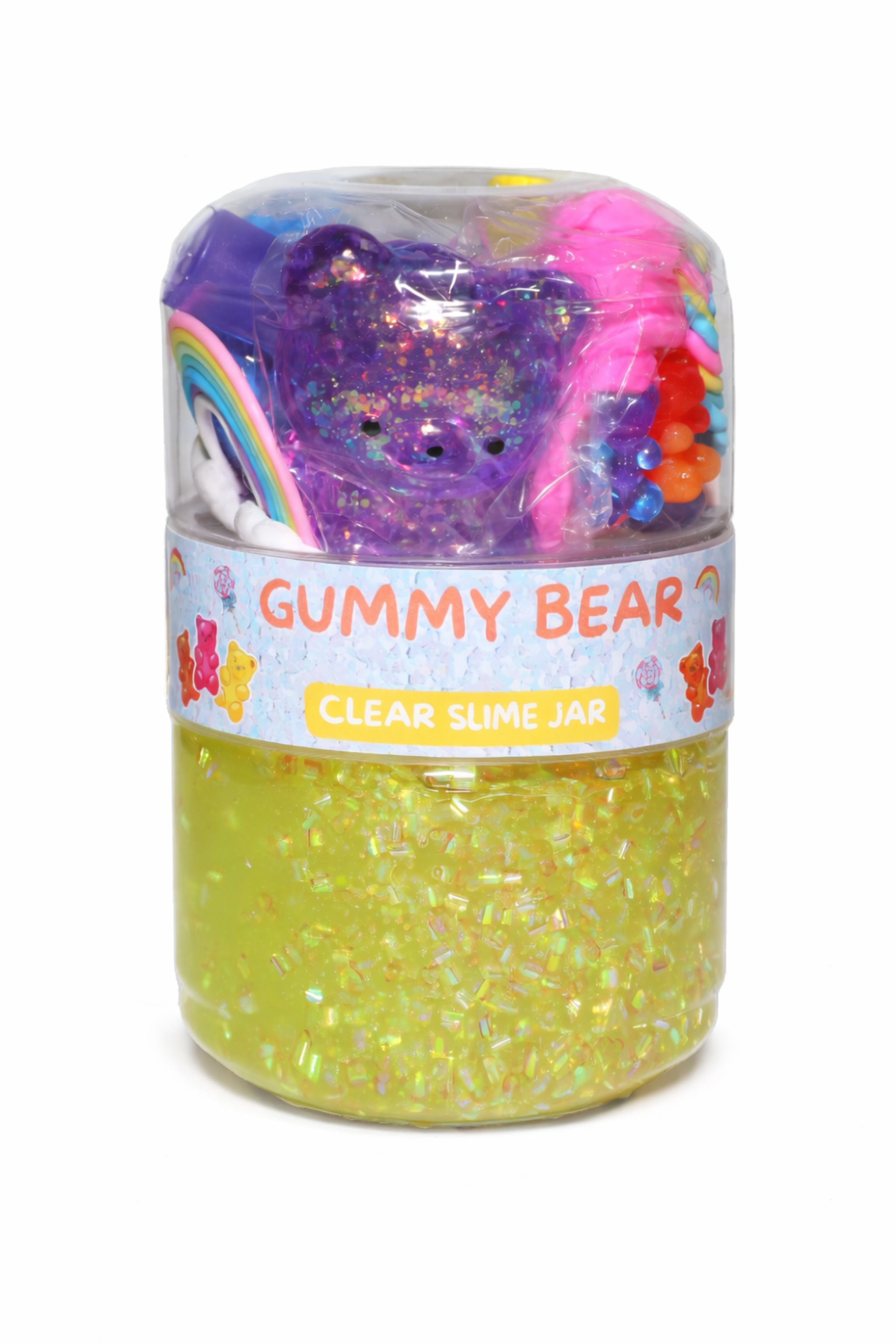 Gummy Bear Sensory Slime Jar with clear glossy slime and colorful gummy bear mix-ins in a double-sided container