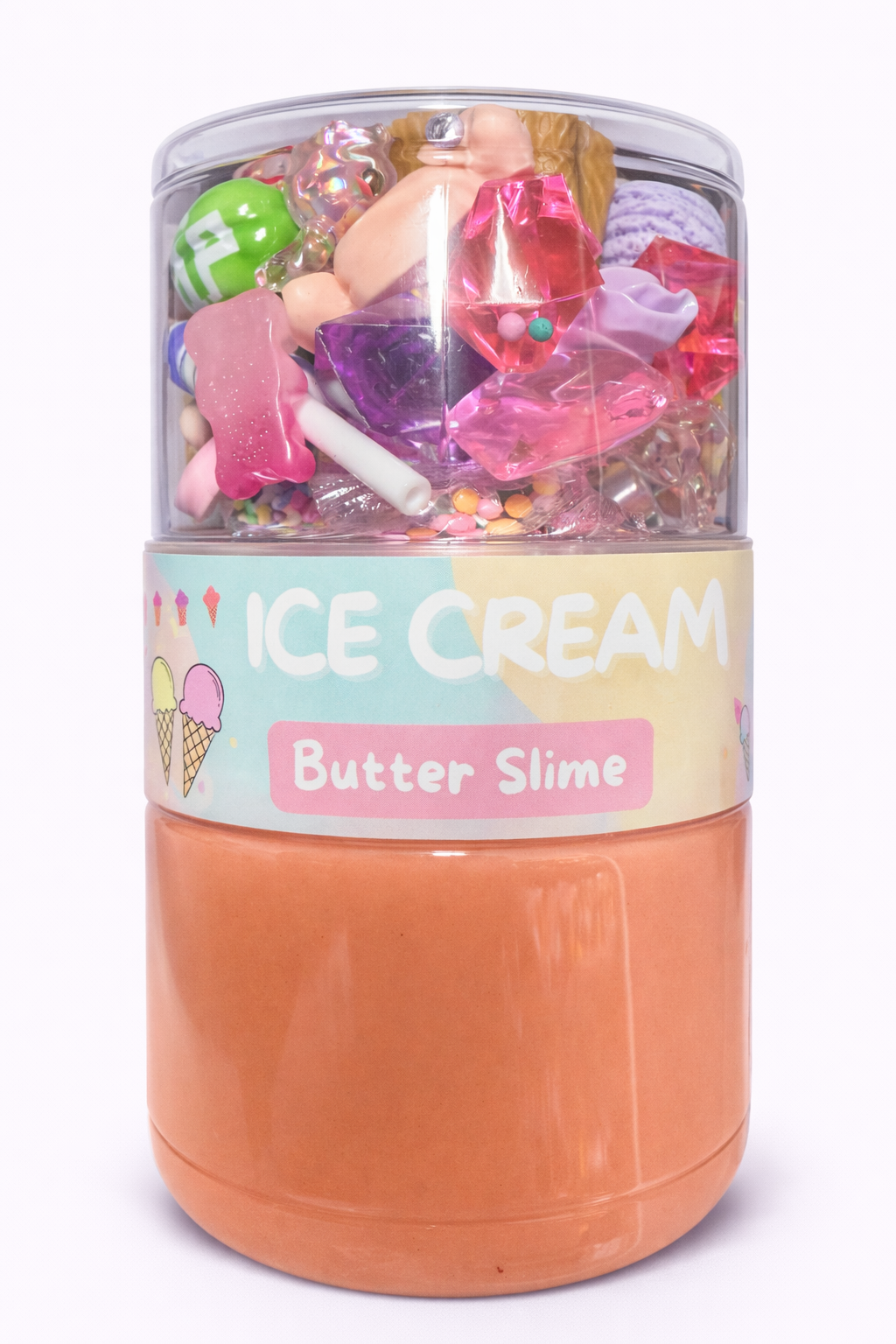 Ice cream butter slime with sweet dessert-themed charms in a portable double-sided jar