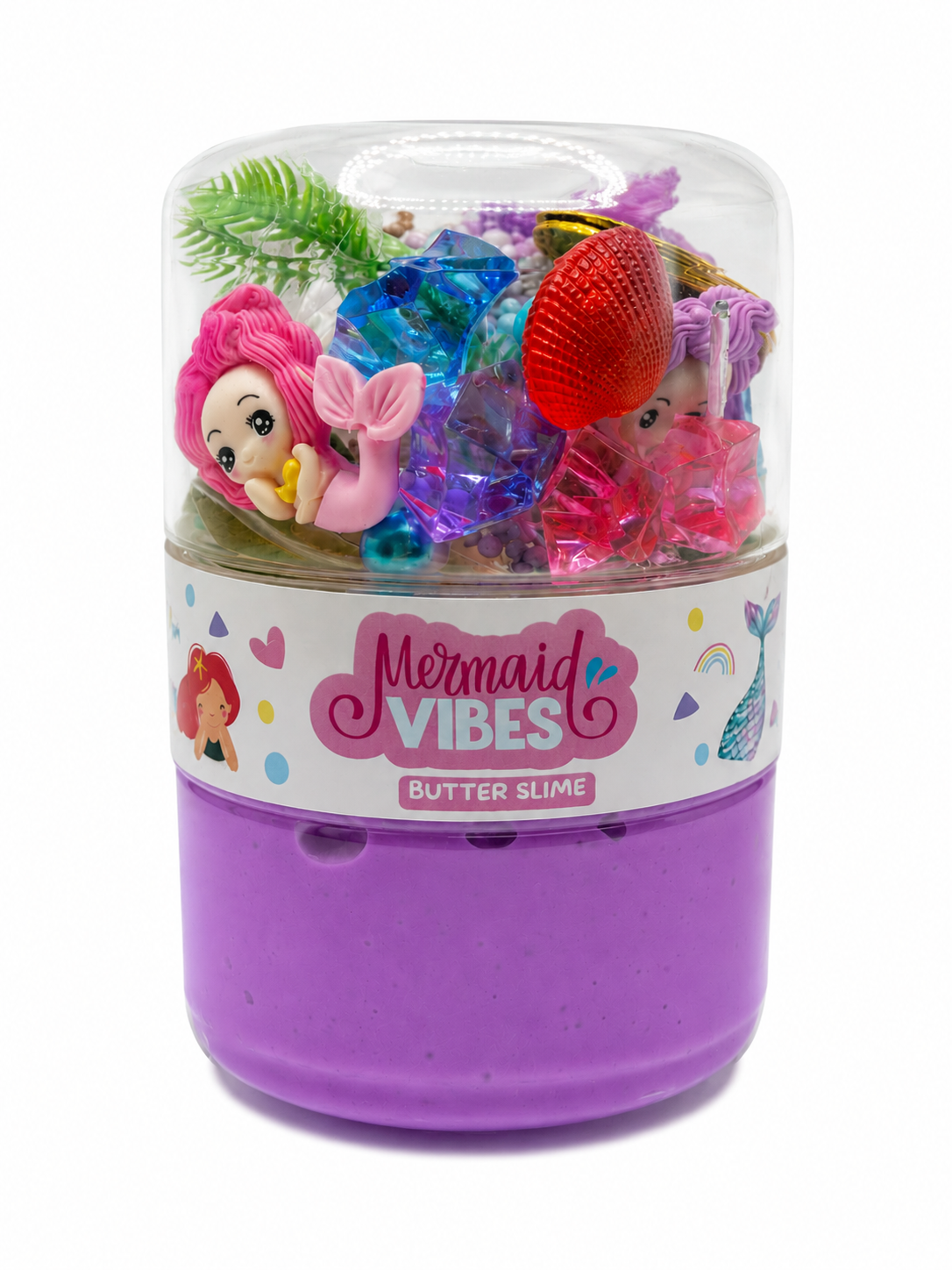 Mermaid butter slime with seashell and ocean-themed charms in a portable double-sided jar