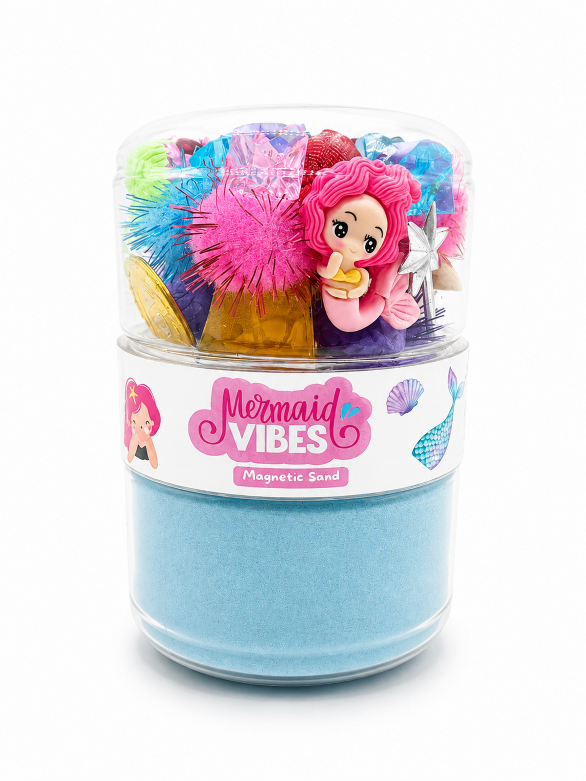 Mermaid fun sand jar with seashells and ocean accessories for imaginative sensory play