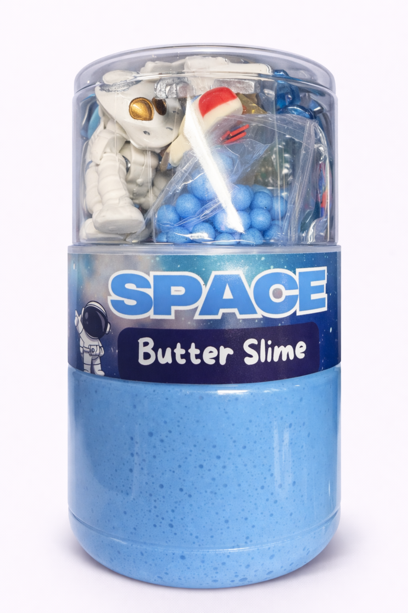Space butter slime with planets, stars, and astronaut-themed charms in a portable double-sided jar