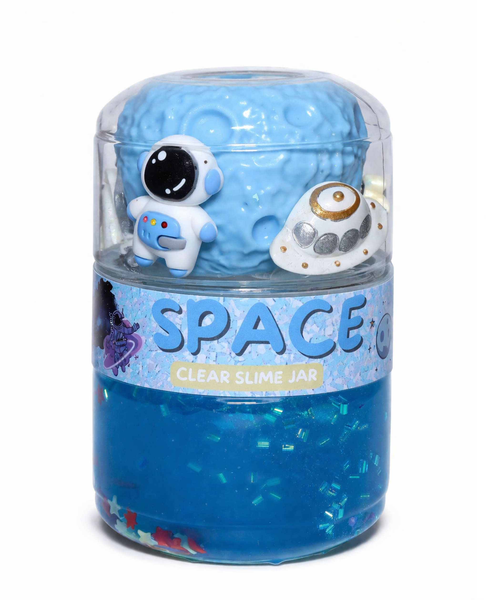 Space Sensory Slime Jar with clear slime and fun space-themed mix-ins in a double-sided jar