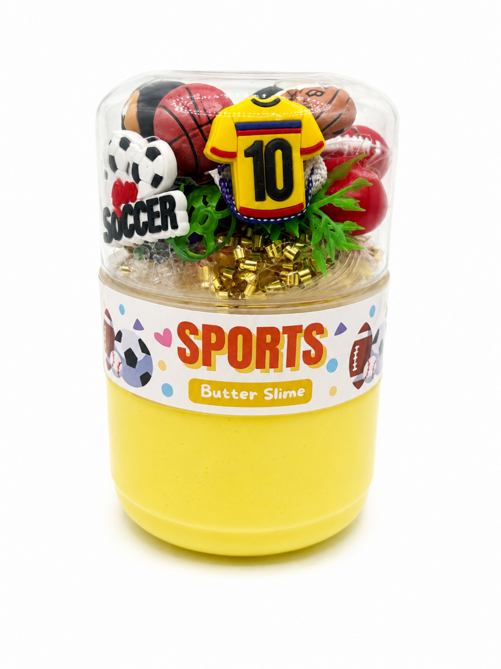 Sports butter slime with football, basketball, and baseball-themed charms in a portable double-sided jar