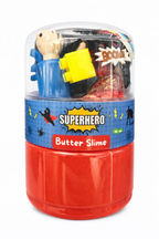 Super Hero butter slime with comic-inspired charms in a portable double-sided jar