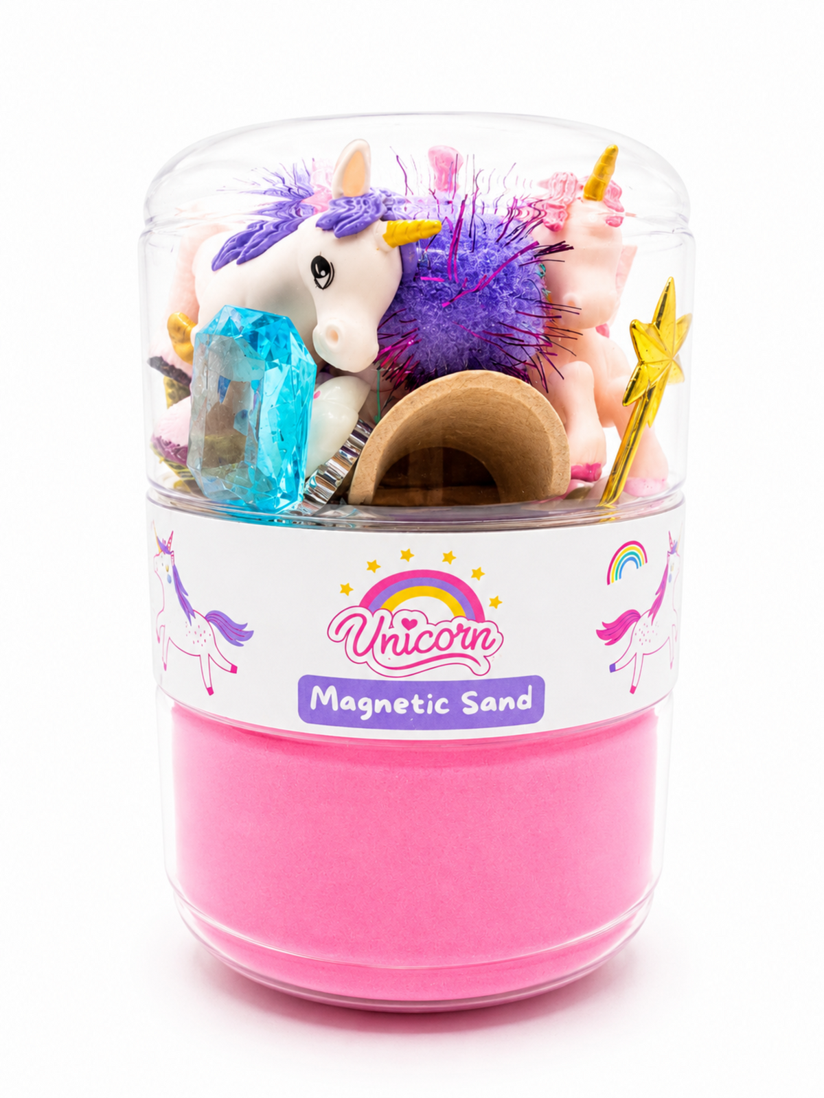 Grab and go unicorn sensory sand kit with colorful sand and fantasy-themed pieces