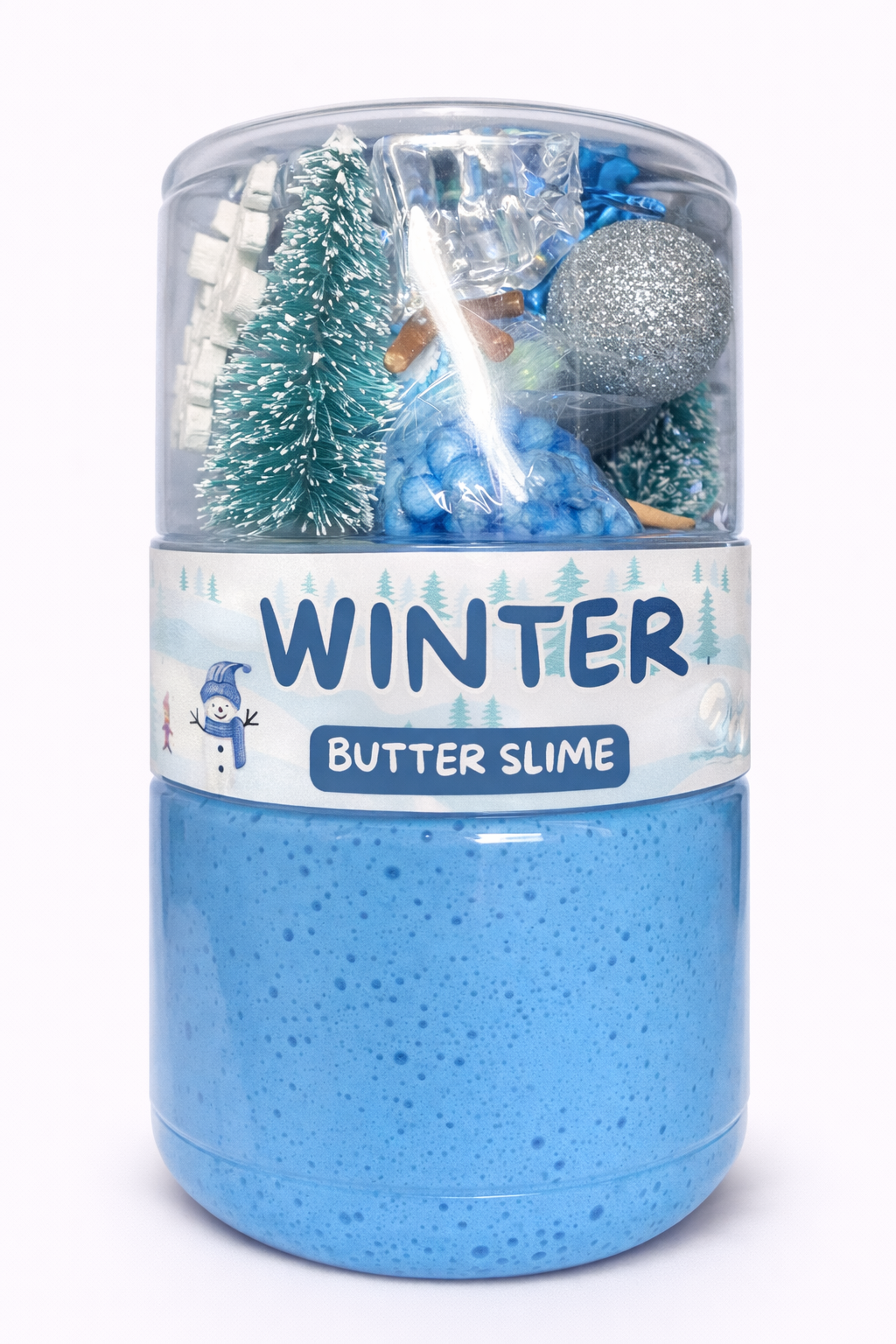 Soft winter butter slime with snow-themed charms in a portable double-sided jar